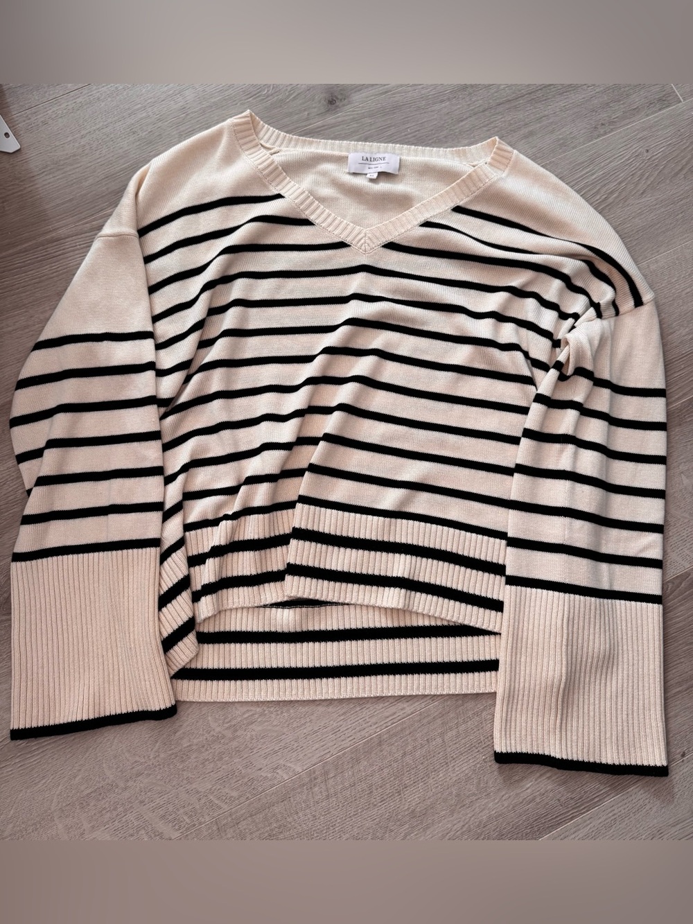La Ligne New York Silk Cashmere Stripe V-Neck Sweater Cream Black XL